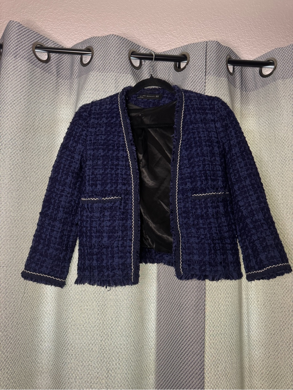 Zara Navy Blue Tweed Blazer with White Stitching